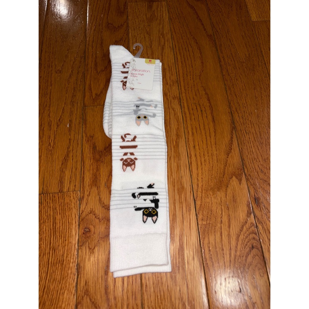 Xhilaration Womens White Knee High Socks Cat Print Animal Novelty Size 4-10‎ NEW